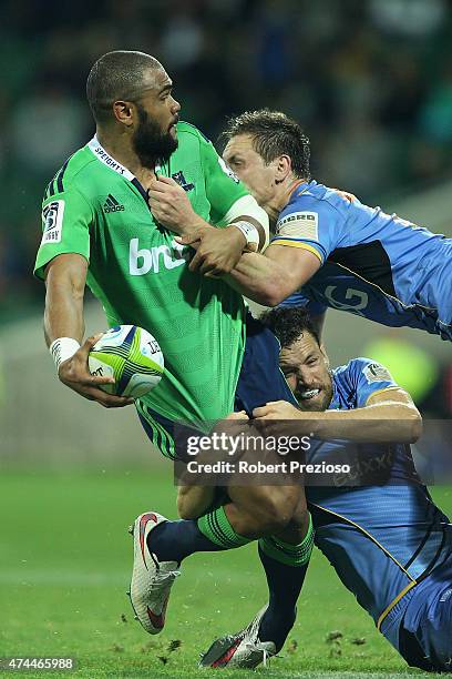 Patrick Osborne of the Highlanders is tackled during the Super Rugby round 15 match between the Force and the Highlanders at nib Stadium on May 23,...