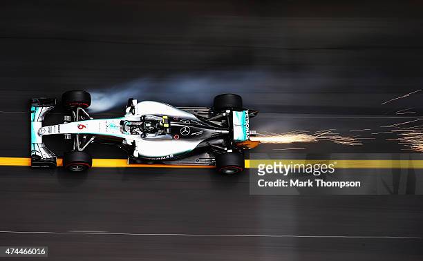 Nico Rosberg of Germany and Mercedes GP drives during final practice for the Monaco Formula One Grand Prix at Circuit de Monaco on May 23, 2015 in...