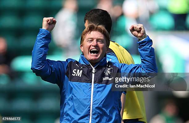Rangers manager Stuart McCall celebrates at full time during the Scottish Championship play off semi final, second leg match between Hibernian and...