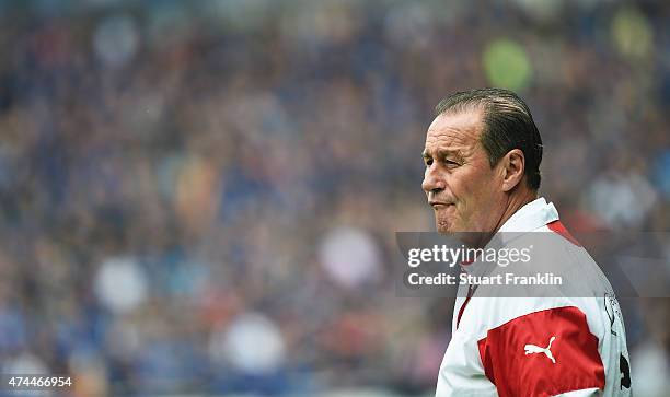 Huub Stevens, head coach of Stuttgart looks on during the Bundesliga match between SC Paderborn 07 and VfB Stuttgart at Benteler Arena on May 23,...