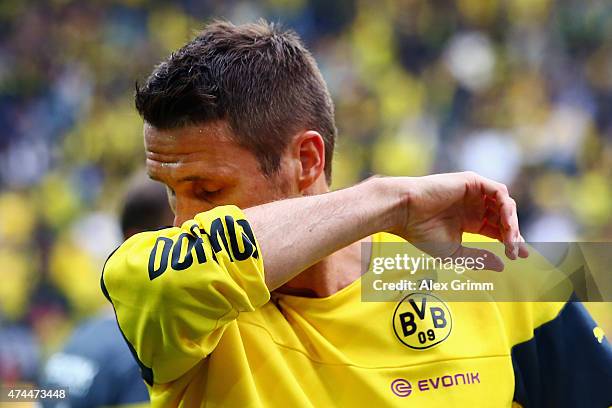 Sebastian Kehl of Dortmund reacts prior to the Bundesliga match between Borussia Dortmund and Werder Bremen at Signal Iduna Park on May 23, 2015 in...