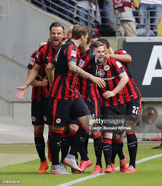 Haris Seferovic of Frankfurt celebrates after scoring his team's first goal with his team-mates during the Bundesliga match between Eintracht...