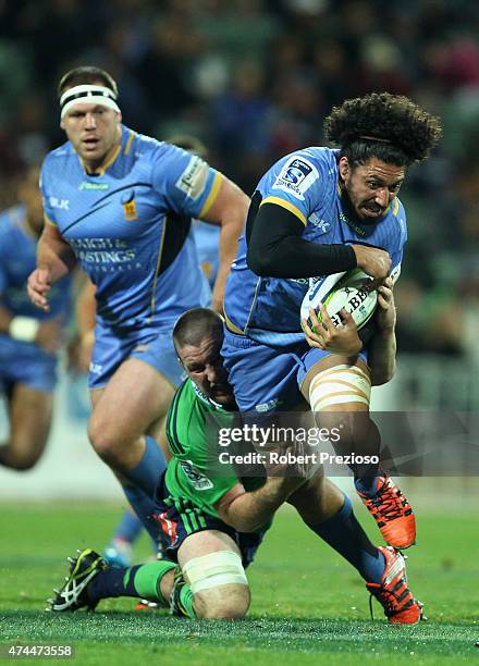 Sam Wykes of the Force is tackled during the Super Rugby round 15 match between the Force and the Highlanders at nib Stadium on May 23, 2015 in...