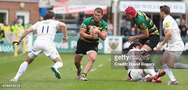 Dylan Hatley of Northampton charges upfield during the Aviva Premiership play off semi final match between Northampton Saints and Saracens at...