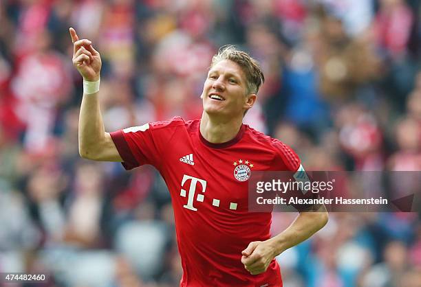 Bastian Schweinsteiger of Bayern Muenchen celebrates after scoring his team's second goal during the Bundesliga match between FC Bayern Muenchen and...