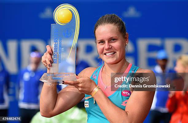 Karin Knapp of Italy lifts the trophy after her victory in the Nuernberger Versicherungscup 2015 on May 23, 2015 in Nuremberg, Germany.