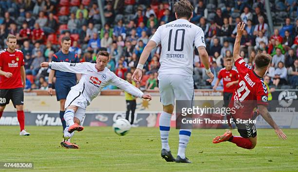 Christian Mueller of Bielefeld scores the winning goal during the Third League match between Sonnenhof-Grossaspach and Arminia Bielefeld at...