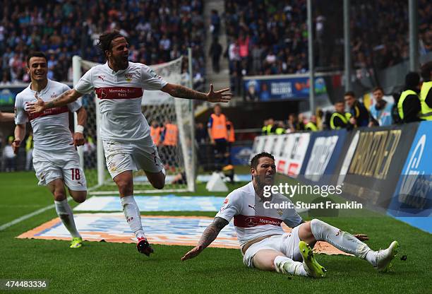 Daniel Ginczek of Stuttgart celebrates scoring his goal during the Bundesliga match between SC Paderborn 07 and VfB Stuttgart at Benteler Arena on...