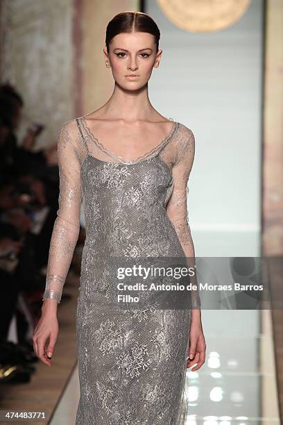 Model walks the runway during the Roccobarocco show as a part of Milan Fashion Week Womenswear Autumn/Winter 2014 on February 23, 2014 in Milan,...