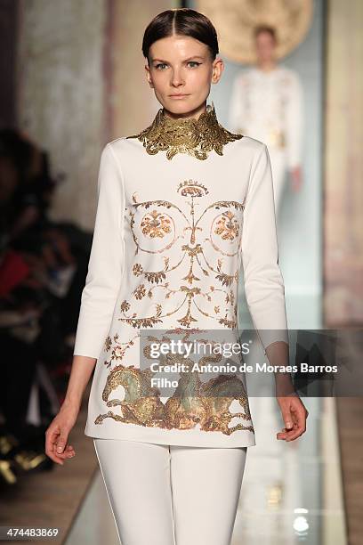 Model walks the runway during the Roccobarocco show as a part of Milan Fashion Week Womenswear Autumn/Winter 2014 on February 23, 2014 in Milan,...