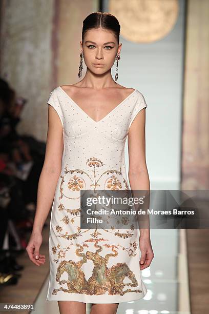 Model walks the runway during the Roccobarocco show as a part of Milan Fashion Week Womenswear Autumn/Winter 2014 on February 23, 2014 in Milan,...