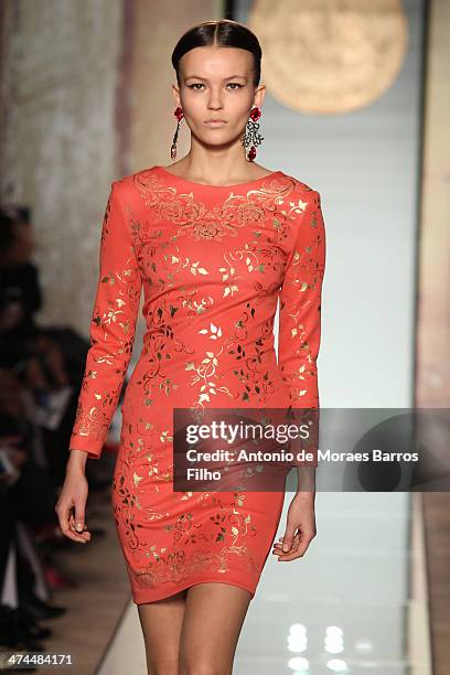 Model walks the runway during the Roccobarocco show as a part of Milan Fashion Week Womenswear Autumn/Winter 2014 on February 23, 2014 in Milan,...