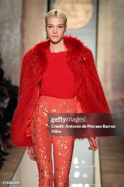 Model walks the runway during the Roccobarocco show as a part of Milan Fashion Week Womenswear Autumn/Winter 2014 on February 23, 2014 in Milan,...