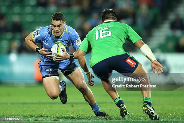 Kane Koteka of the Force runs with the ball during the Super Rugby round 15 match between the Force and the Highlanders at nib Stadium on May 23,...