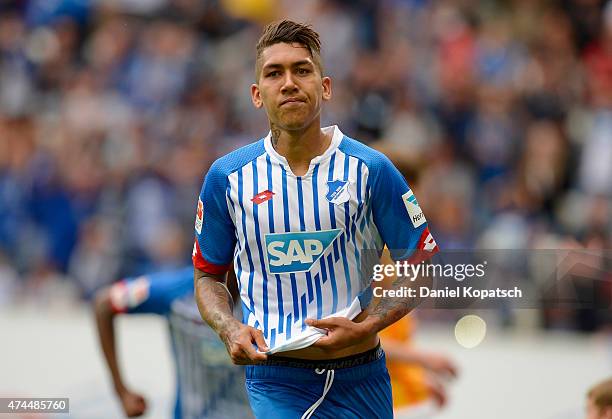 Roberto Firmino of Hoffenheim celebrates his team's second goal during the Bundesliga match between 1899 Hoffenheim and Hertha BSC at Wirsol...