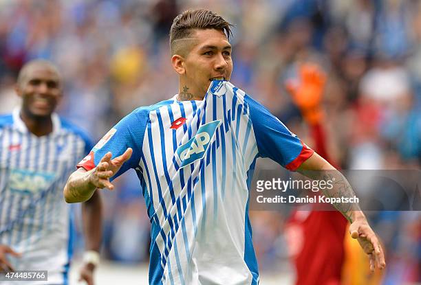 Roberto Firmino of Hoffenheim celebrates his team's second goal during the Bundesliga match between 1899 Hoffenheim and Hertha BSC at Wirsol...