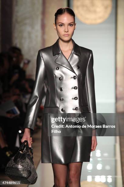 Model walks the runway during the Roccobarocco show as a part of Milan Fashion Week Womenswear Autumn/Winter 2014 on February 23, 2014 in Milan,...