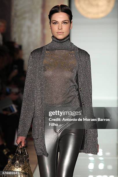 Model walks the runway during the Roccobarocco show as a part of Milan Fashion Week Womenswear Autumn/Winter 2014 on February 23, 2014 in Milan,...