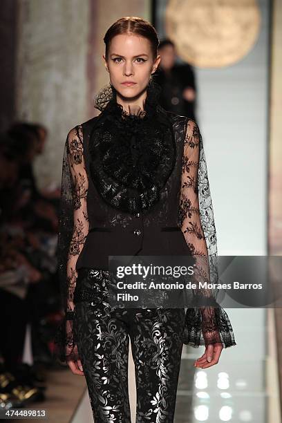 Model walks the runway during the Roccobarocco show as a part of Milan Fashion Week Womenswear Autumn/Winter 2014 on February 23, 2014 in Milan,...