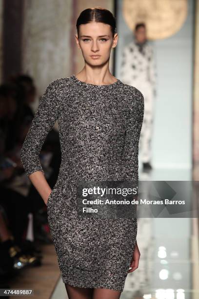 Model walks the runway during the Roccobarocco show as a part of Milan Fashion Week Womenswear Autumn/Winter 2014 on February 23, 2014 in Milan,...