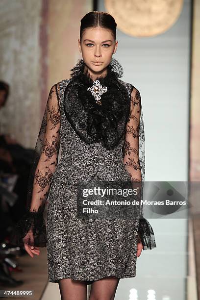 Model walks the runway during the Roccobarocco show as a part of Milan Fashion Week Womenswear Autumn/Winter 2014 on February 23, 2014 in Milan,...