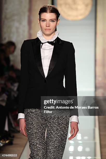 Model walks the runway during the Roccobarocco show as a part of Milan Fashion Week Womenswear Autumn/Winter 2014 on February 23, 2014 in Milan,...