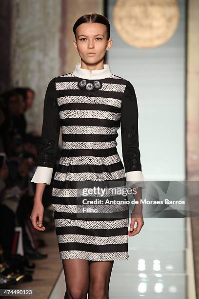 Model walks the runway during the Roccobarocco show as a part of Milan Fashion Week Womenswear Autumn/Winter 2014 on February 23, 2014 in Milan,...