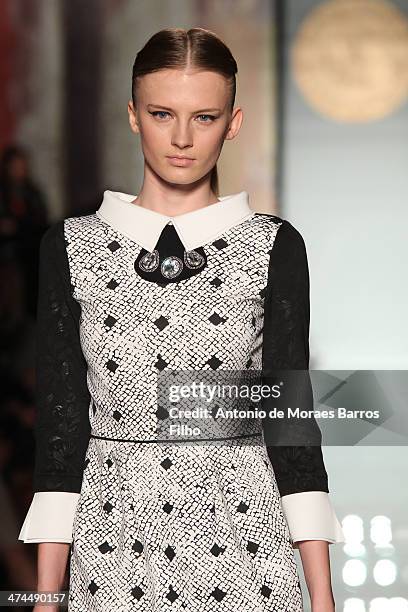 Model walks the runway during the Roccobarocco show as a part of Milan Fashion Week Womenswear Autumn/Winter 2014 on February 23, 2014 in Milan,...