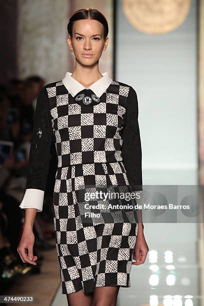 Model walks the runway during the Roccobarocco show as a part of Milan Fashion Week Womenswear Autumn/Winter 2014 on February 23, 2014 in Milan,...