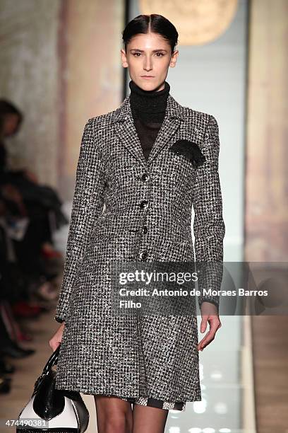 Model walks the runway during the Roccobarocco show as a part of Milan Fashion Week Womenswear Autumn/Winter 2014 on February 23, 2014 in Milan,...