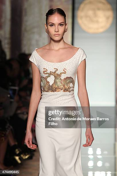 Model walks the runway during the Roccobarocco show as a part of Milan Fashion Week Womenswear Autumn/Winter 2014 on February 23, 2014 in Milan,...