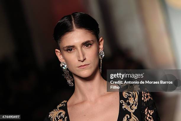 Model walks the runway during the Roccobarocco show as a part of Milan Fashion Week Womenswear Autumn/Winter 2014 on February 23, 2014 in Milan,...