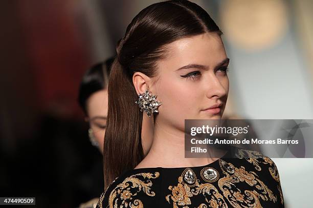 Model walks the runway during the Roccobarocco show as a part of Milan Fashion Week Womenswear Autumn/Winter 2014 on February 23, 2014 in Milan,...