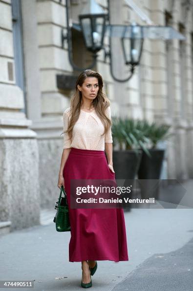 Tv host Victoria Bonya wearing Louis Vuitton and bag is seen during