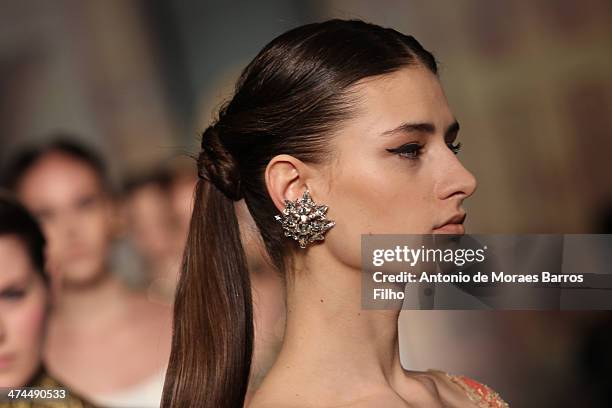 Model walks the runway during the Roccobarocco show as a part of Milan Fashion Week Womenswear Autumn/Winter 2014 on February 23, 2014 in Milan,...