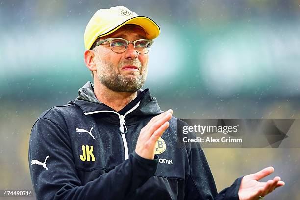 Head coach Juergen Klopp of Dortmund waves farewell to the fans after the Bundesliga match between Borussia Dortmund and Werder Bremen at Signal...