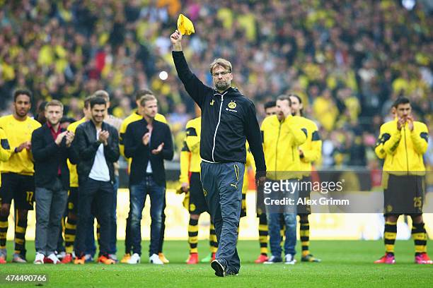 Head coach Juergen Klopp of Dortmund waves farewell to the fans after the Bundesliga match between Borussia Dortmund and Werder Bremen at Signal...
