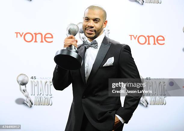 Actor Aaron D. Spears poses in the press room at the 45th NAACP Image Awards at Pasadena Civic Auditorium on February 22, 2014 in Pasadena,...