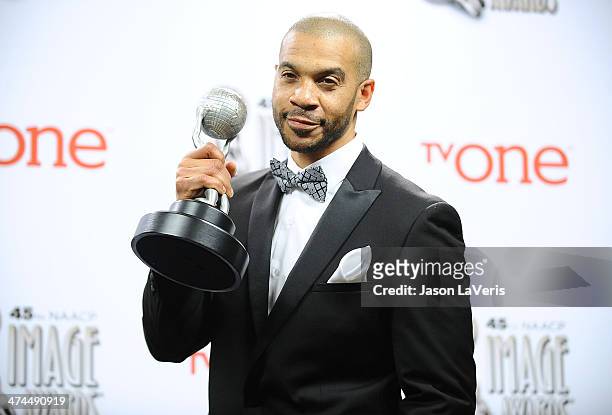Actor Aaron D. Spears poses in the press room at the 45th NAACP Image Awards at Pasadena Civic Auditorium on February 22, 2014 in Pasadena,...