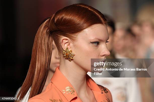 Model walks the runway during the Roccobarocco show as a part of Milan Fashion Week Womenswear Autumn/Winter 2014 on February 23, 2014 in Milan,...