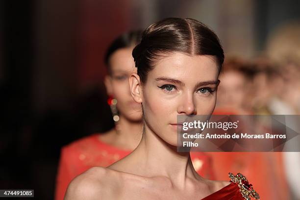 Model walks the runway during the Roccobarocco show as a part of Milan Fashion Week Womenswear Autumn/Winter 2014 on February 23, 2014 in Milan,...