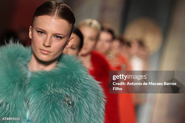 Model walks the runway during the Roccobarocco show as a part of Milan Fashion Week Womenswear Autumn/Winter 2014 on February 23, 2014 in Milan,...