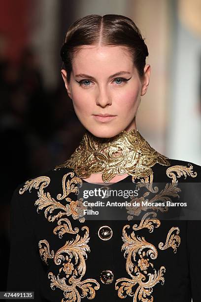 Model walks the runway during the Roccobarocco show as a part of Milan Fashion Week Womenswear Autumn/Winter 2014 on February 23, 2014 in Milan,...