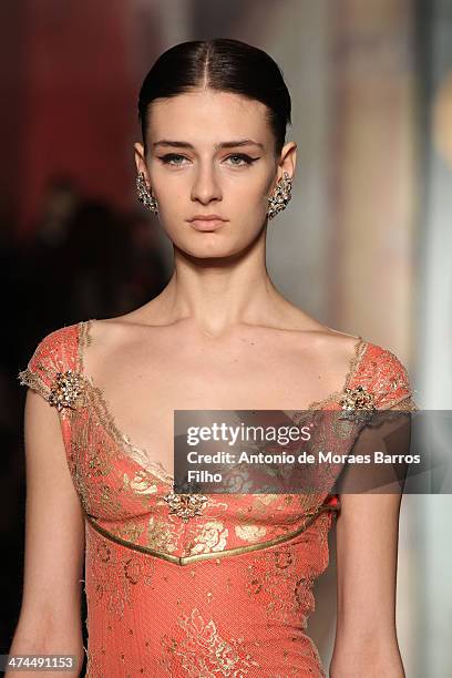 Model walks the runway during the Roccobarocco show as a part of Milan Fashion Week Womenswear Autumn/Winter 2014 on February 23, 2014 in Milan,...