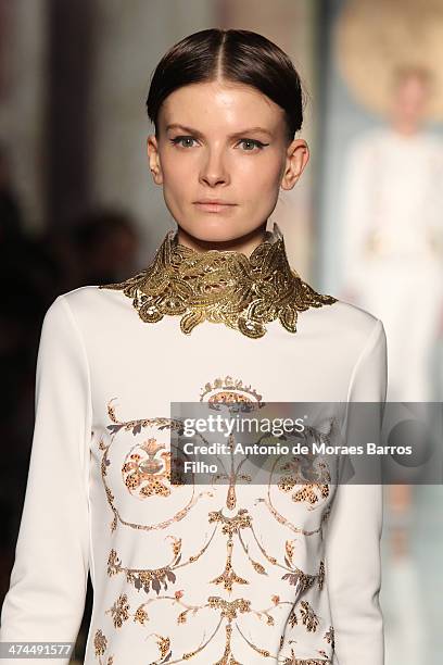 Model walks the runway during the Roccobarocco show as a part of Milan Fashion Week Womenswear Autumn/Winter 2014 on February 23, 2014 in Milan,...