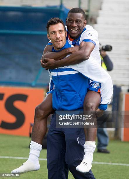 An emotional Manuel Pascali says goodbye for last time to Kilmarnock fans giving team mate Tope Obadeyi a lift round the park after the Scottish...