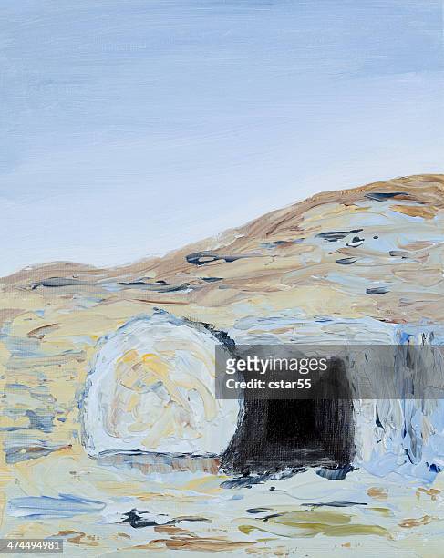 religious: easter empty tomb with rock rolled away art painting - empty tomb jesus stock illustrations