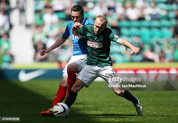 Dylan McGeouch of Hibernian vies with Nicky Law of Rangers controls the ball during the Scottish Championship play off semi final, second leg match...