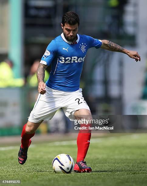 Richard Foster of Rangers controls the ball during the Scottish Championship play off semi final, second leg match between Hibernian and Rangers at...