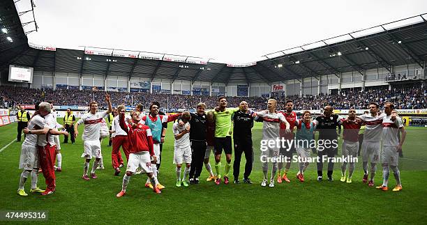 The players of Stuttgart celebrate staying in the first Bundesliga after winning the Bundesliga match between SC Paderborn 07 and VfB Stuttgart at...